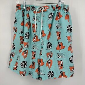 Roundtree & Yorke Mens Retro Pin-Up Girl Print Swim Trunks Size L Rash Guard